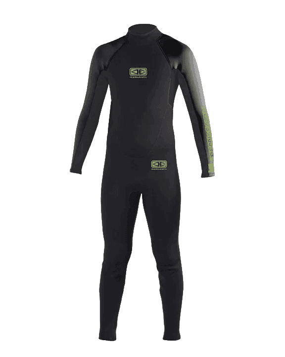 Fato de surf para criança Ocean Earth preto 4/3mm com fecho traseiro disponível para aluguer na Gecko Surf School, Costa da Caparica