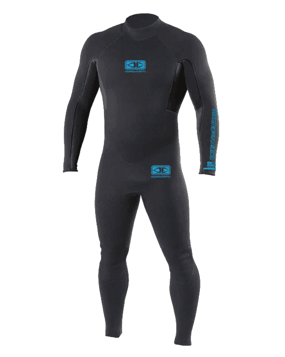 Fato de surf masculino Ocean Earth preto 4/3mm com fecho traseiro disponível para aluguer na Gecko Surf School, Costa da Caparica