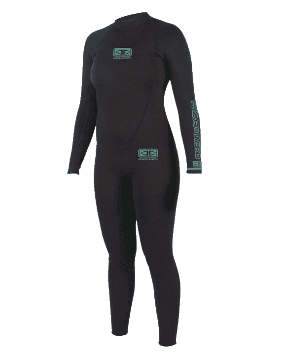 Fato de surf feminino Ocean Earth preto 4/3mm com fecho traseiro disponível para aluguer na Gecko Surf School, Costa da Caparica